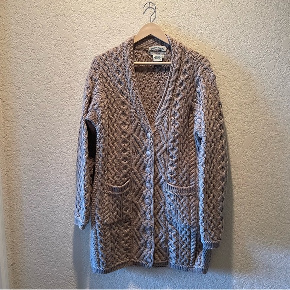 Aran Crafts beige cable/fisherman knit 100% merino wool button coatigan, size L - Picture 1 of 12